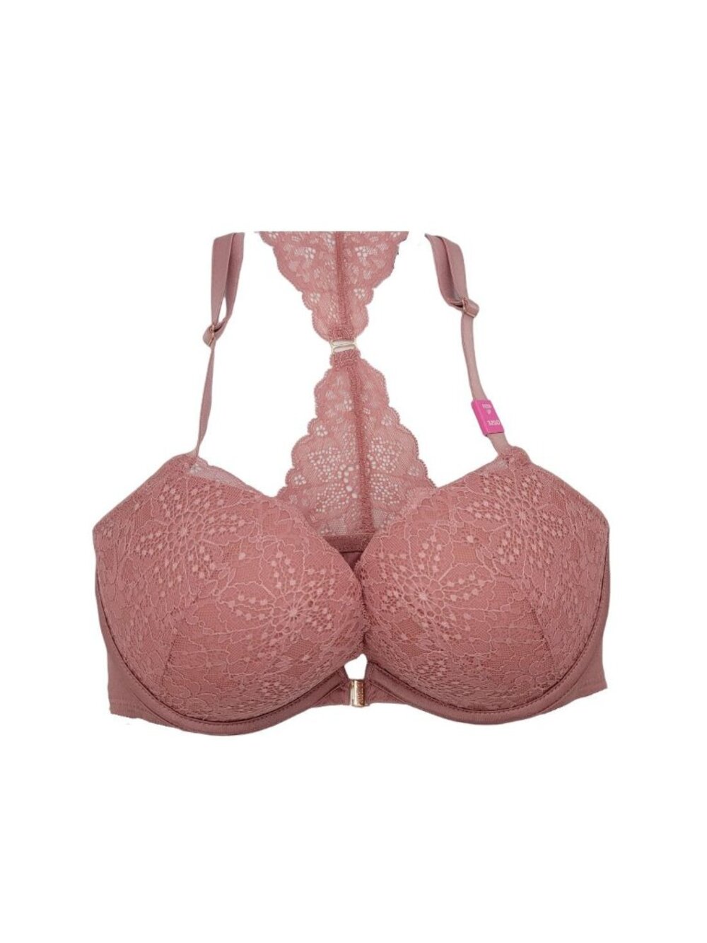 ⭐Pink Victoria PINK 32DD Push Up Wire BRA Dusty Pink Lace Front Close Racerback